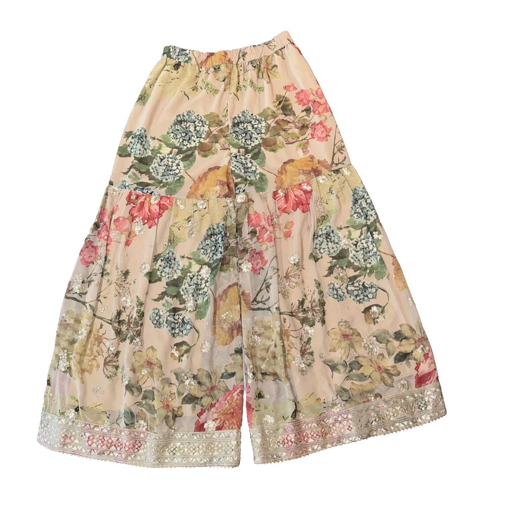 Floral Chiffon Palazzo Pants Wide Leg Beaded Sequin Lined Skirt Look Boho L - Picture 2 of 11